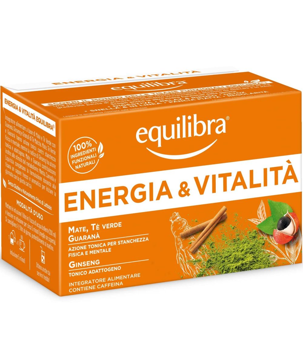 Equilibra Tisana Energia e Vitalità Equilibra con Mate Tè Verde Guaranà Ginseng e Granuli di Tè Matcha Integratore Alimentare 100% Ingredienti Naturali Senza Glutine e Lattosio