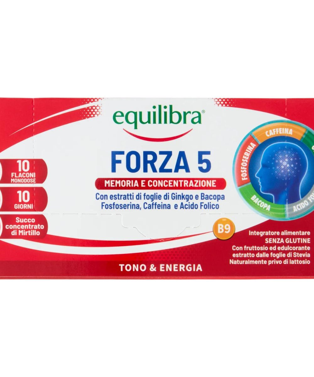 Equilibra Forza 5 Memoria e Concentrazione 10 Flaconi Monodose 150 ml con Estratti di Ginko e Bacopa Senza Glutine e Lattosio