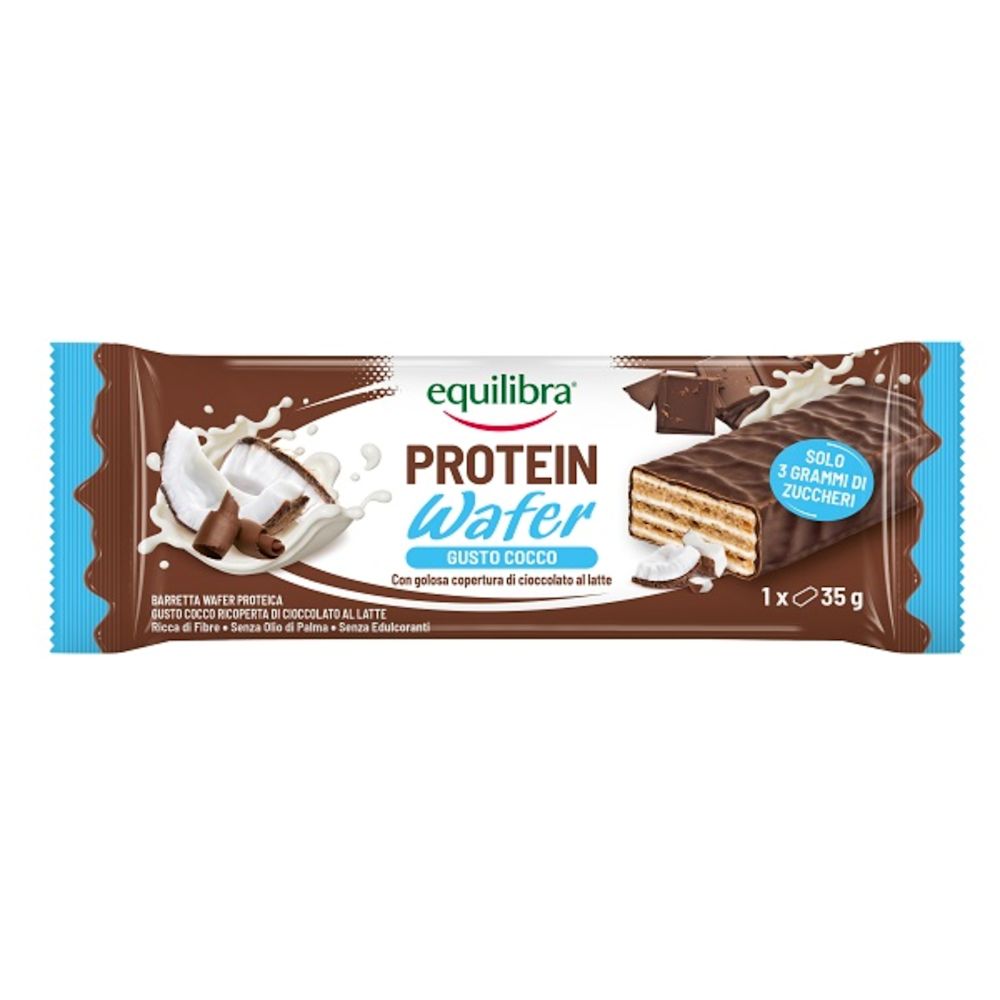 Equilibra Protein Wafer Cocco Barretta Proteica da 35g Wafer al Cioccolato Latte Arricchito con Proteine e Fibre Snack Ricco di Proteine e Dolcezza